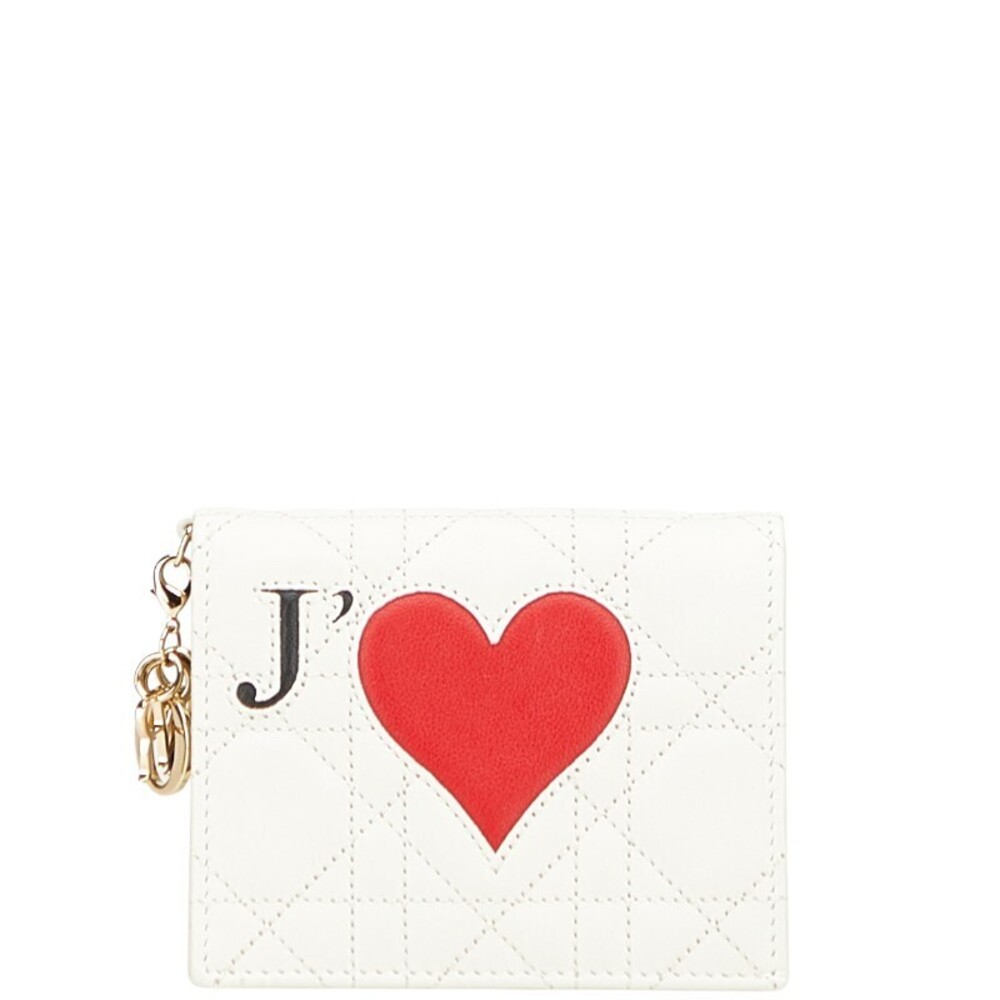 Dior Cannage Lady Heart Bifold Wallet White Red Lambskin